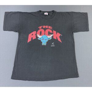Rare Vintage 90s WWF The Rock Wresling Bull Logo Black XL Shirt Promo Art
